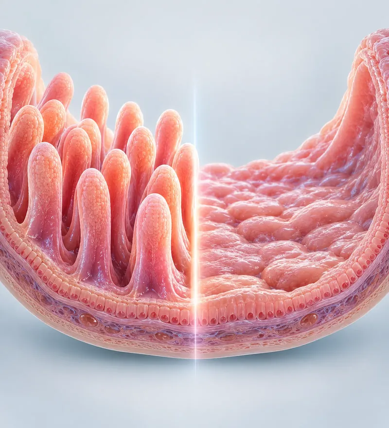 Clínica Endic - Endoscopia Digestiva De Caruaru - Colonoscopia - Endoscopia - Polipectomia - Mucosectomia 31 Endic - Endoscopia Digestiva de Caruaru - Clínica Gastro em Caruaru Ilustração 3D comparando vilosidades intestinais saudáveis e atrofiadas pela doença celíaca