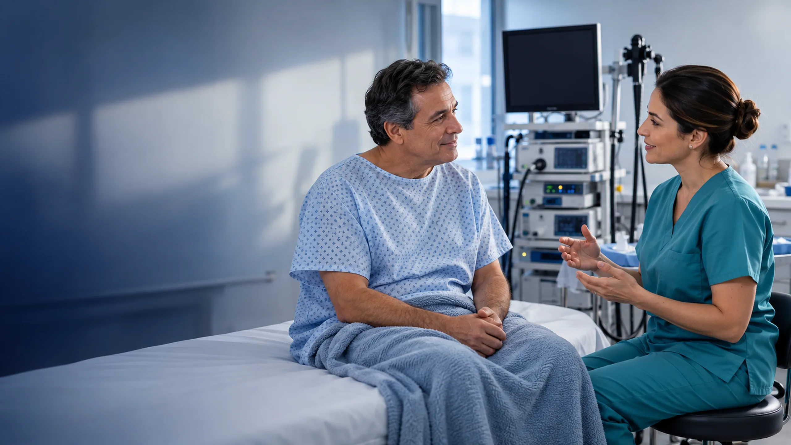 Gastroenterologista conversando com paciente antes do exame de colonoscopia