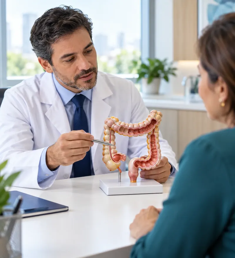 Gastroenterologista explicando a colonoscopia com um modelo anatômico do intestino grosso