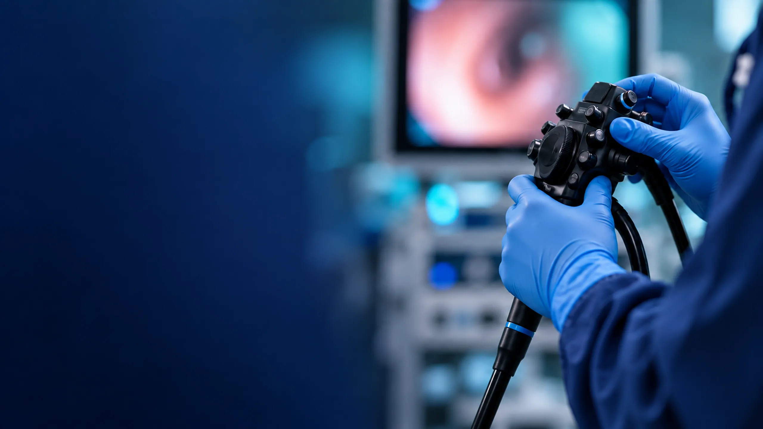 Endoscopista operando o endoscópio durante uma mucosectomia