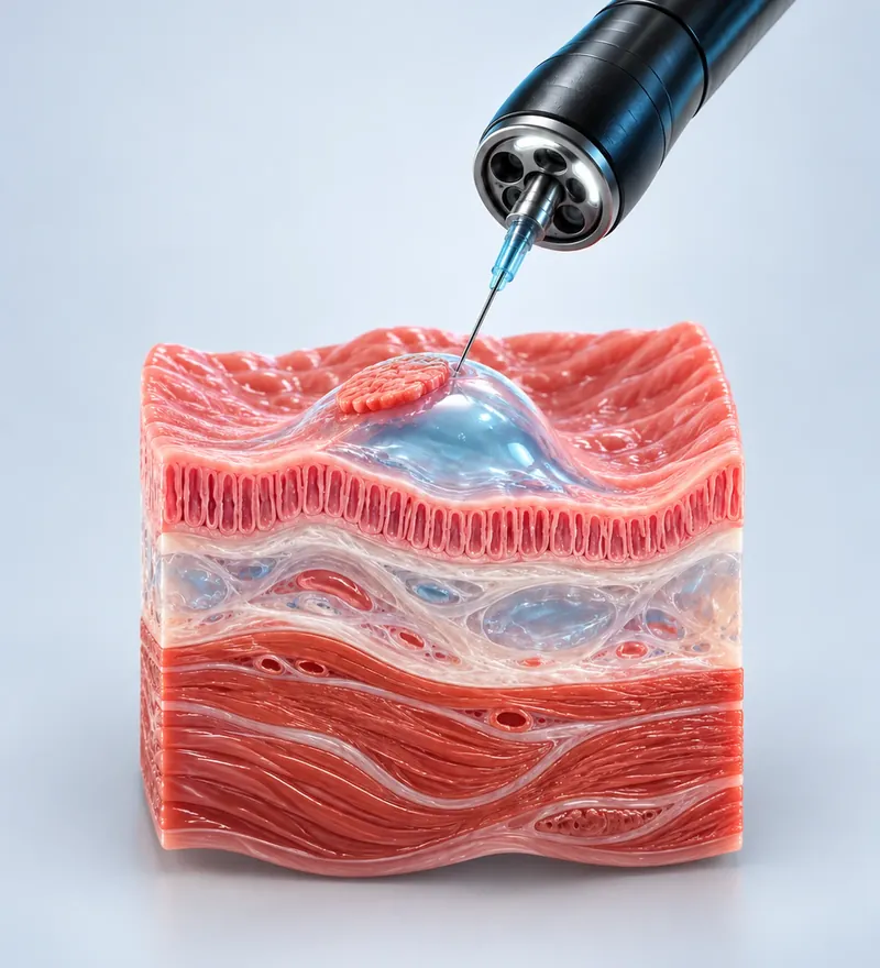 Ilustração 3D da mucosectomia: lesão da mucosa elevada por injeção antes da remoção