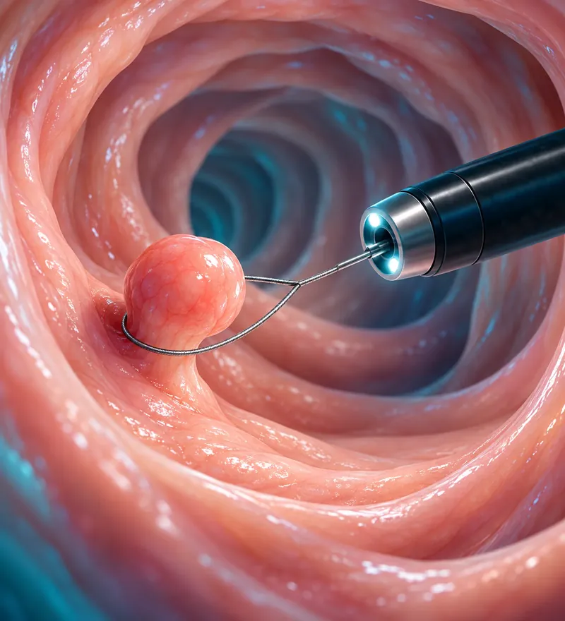 Ilustração 3D de um pólipo no intestino sendo removido com a alça de polipectomia