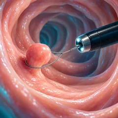 Clínica Endic - Endoscopia Digestiva De Caruaru - Colonoscopia - Endoscopia - Polipectomia - Mucosectomia 28 Endic - Endoscopia Digestiva de Caruaru - Clínica Gastro em Caruaru Ilustração 3D da remoção de um pólipo intestinal com alça