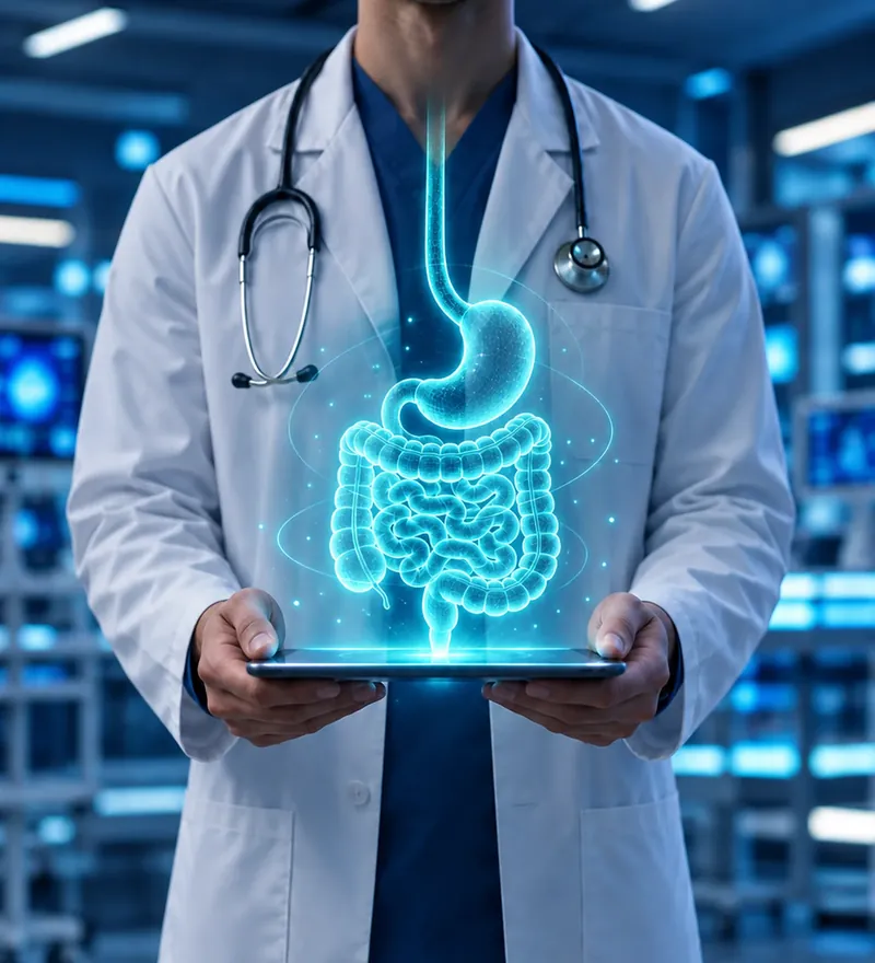 5 - Rastreamento de Doenças Neoplásicas em Caruaru - Clínica Endic 5 Endic - Endoscopia Digestiva de Caruaru - Clínica Gastro em Caruaru Médico com tablet exibindo ilustração do sistema digestivo para rastreamento de câncer